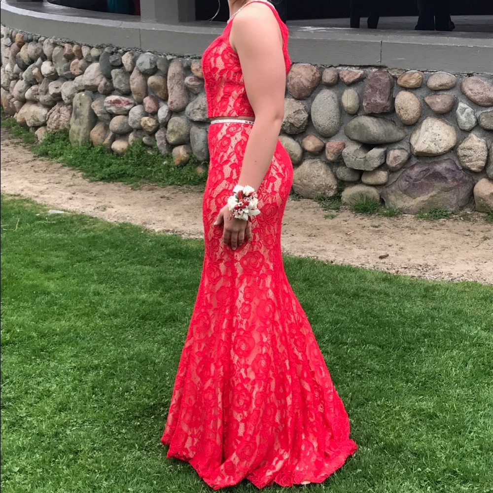 RED TWO PIECE PROM DRESS
